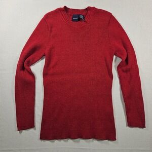 BASIC EDITIONS Women Red Sparkle Ribbed Knit Sweater Slim Long Sleeve Size Large